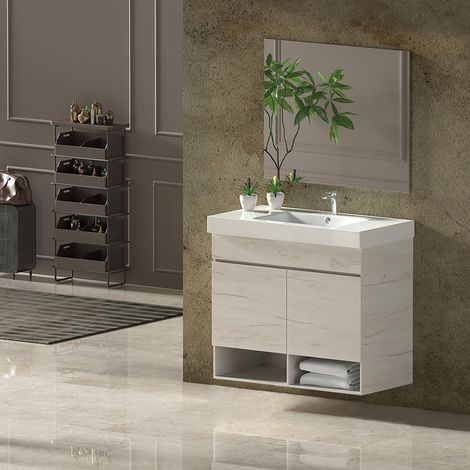Conjunto de Baño NEBARI - 7 colores distintos 2 puertas o un cajón a elegir- incluye mueble, lavabo y espejo se envía MONTADO Blanco Nórdico 60x45Cm con cajón (1/4)