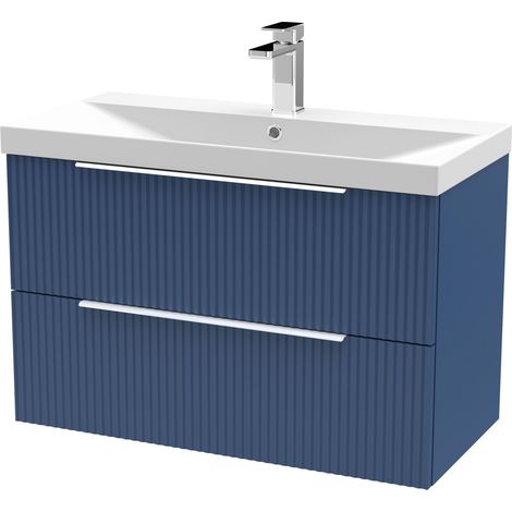 Tixall Fluted 2 Drawer Wall Hung Vanity Unit with Thin Edge Basin, Satin Blue, 800mm
