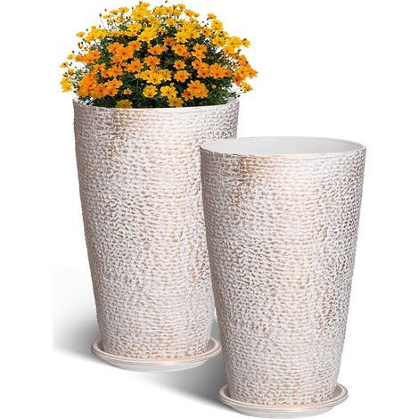 Pot de Fleurs, Lot de 2, Grande Jardinière Plantes Conique 530 mm, Finition en Pierre, Design Élégant, Système de Drainage Efficace, pour Porche, Patio, Bureaux, Extérieur, Intérieur, Beige (1/5)