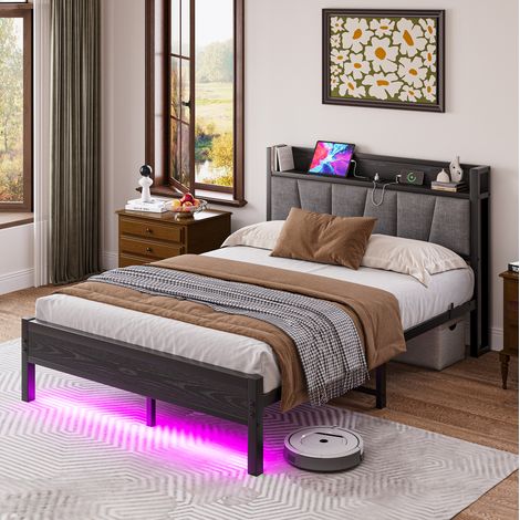 Letto matrimoniale 140x190 cm nero in MDF e metallo con LED, testiera contenitore e prese USB (1/5)