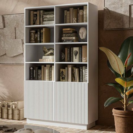 Libreria Miniato, Mobile portalibri con vani aperti e due ante, Design moderno e minimale, 172x40 h100 cm, Bianco (1/5)