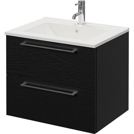 Napoli 460 Nero Oak 600mm Wall Mounted 2 Drawer Vanity Unit with Angel Basin - 600mm - Chrome 320mm Handle