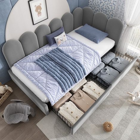 Canapé-lit capitonné 90x190cm gris en velours avec tiroirs, lit coffre, lit simple, méridienne, sommier à lattes, adulte et enfant (sans matelas) (1/5)