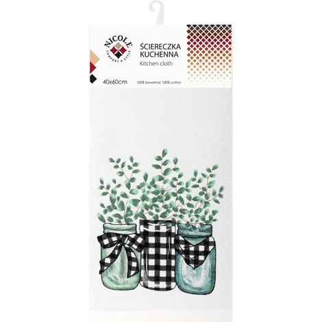 Paño de cocina de algodón, 40x60 cm, art. 52380, blanco, con estampado de tarros con ramas verdes. (1/4)