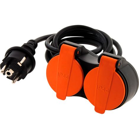 – Rallonge étanche 2 prises 5m H07RN-F 3G1,5mm² – Protection IP44 pour usage extérieur – Puissance 3680W – Clip de fixation orange