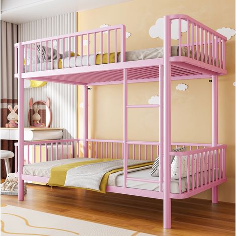 Lit superposé enfant 90x200 cm métal rose, barrières, gain de place, sans matelas – MEUBLIV (1/5)