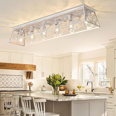 Modern 6 Light Ceiling Light, Iron Flush Mount with E27, Modern Rectangle Chandelier, Ceiling Lighting for Living Room, Kitchen Island Bar