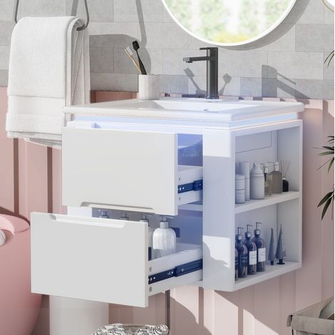 Mueble de baño suspendido 60x46x48.5 cm, con iluminación por sensor, dos cajones silenciosos, MDF y cerámica blanca (1/5)