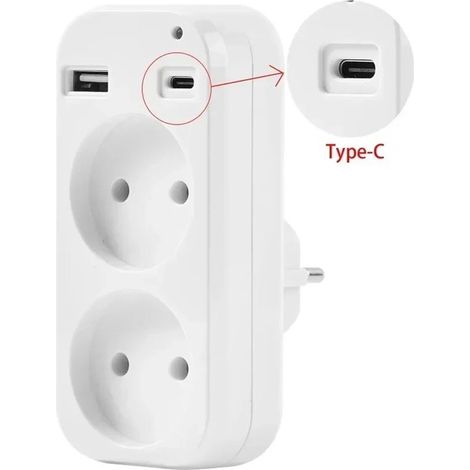 Multipresa 2 in 1 con porta USB Type-C, 1200 W 250 V 10 A, include 2 porte USB (5 V 2 A), per telefoni e tablet, bianca. (1/5)