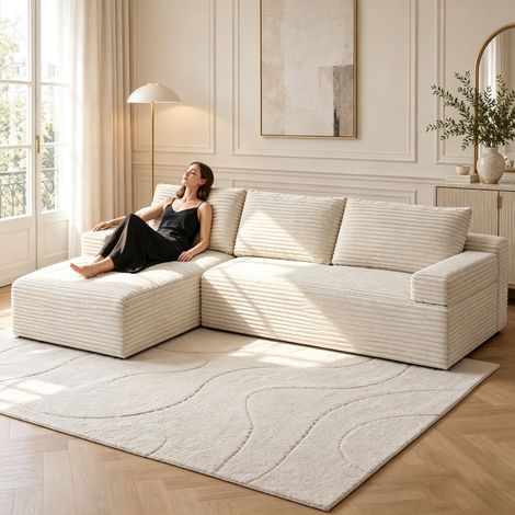 Canapé d'angle beige convertible réversible 263x171x 59cm, Canapé compressé modulaire combinaison libre, Canapé 4 places avec grande méridienne en Velours côtelé confortable (1/5)
