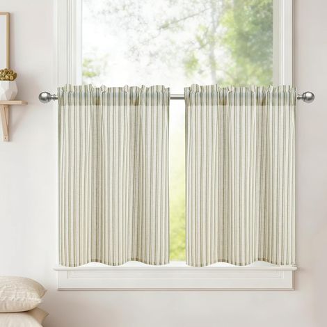 Rideaux Vert Rayés en Lin Brise-Bise Courts H60xL60cm Lot de 2 Semi-Transparents Rideaux de Cuisine Modernes pour Bistro Rideaux avec Barre de Tirage pour Chambre d'Enfant, Placard, Salle de Bain (1/5)