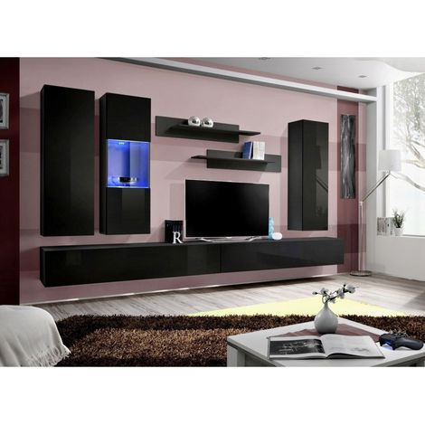 Ensemble meuble TV mural  - Fly V- 339 cm x 190 cm x 40 cm - Noir - Livraison gratuite