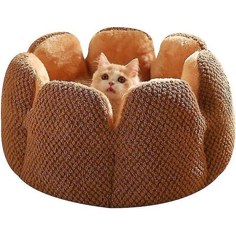 Dickes Plüsch-Katzenbett mit Kaktusblütenmuster – Hellbraun