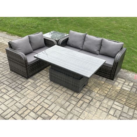 Fimous Outdoor Rattan Garden Furniture Sets Height Adjustable Rising lifting Dining Table Lounge Sofa Set With Side Table Dark Grey Mixed (1/5)