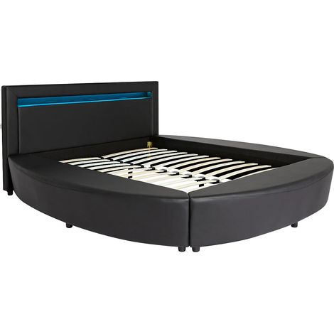 Vente-Unique – Lit rond 180 x 200 cm – Simili noir avec LEDs multicolores – Sommier à lattes – Charge maximale 500 kg – Design moderne (1/5)