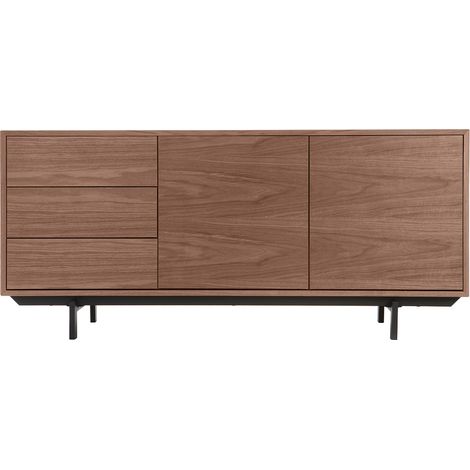 Miliboo – Buffet vintage en bois foncé noyer 2 portes 3 tiroirs L160 x P45 x H72 cm – Panneaux de fibres de bois placage noyer – Piètement métal noir (1/5)