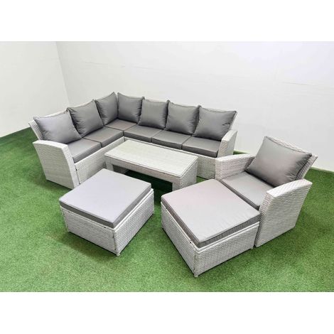Fimous Rattan Garden Furniture Set Outdoor 9 Seater Corner Sofa Sets with Oblong Coffee Table Chair 2 Big Footstools Light Grey Mixed (1/5)