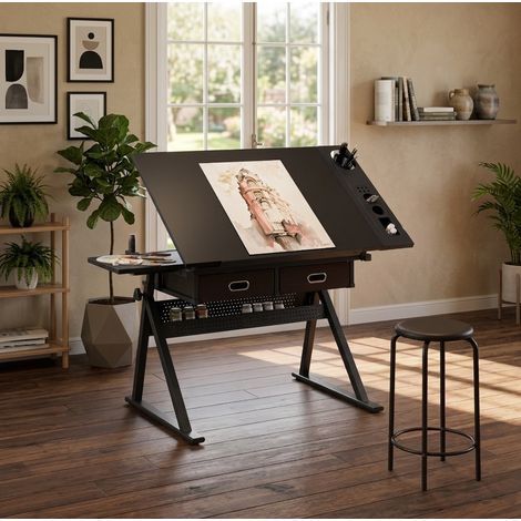 Scrivania da disegno regolabile con 2 cassetti, piano inclinabile e sgabello nero OKMYHOME (1/5)