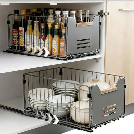 Lot de 2 Tiroirs Coulissants Extensibles, Organisateur de Placard Sans Perçage, Rails pour Tiroir de Cuisine, Silencieux pour Rangement Cuisine, Salle de Bain, Installation Facile, 37.5x24.5x19 (1/5)
