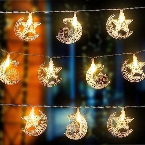 Guirlande Lumineuse - Rideau Étoile Lune - 20 LED Blanc Chaud - Alimentation Piles AA - Intérieur Extérieur (1/4)
