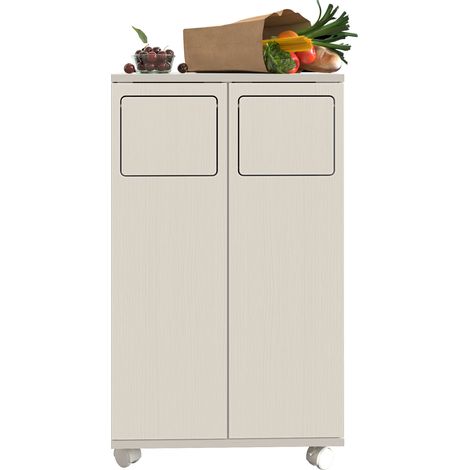 Armoire à déchets, meuble de tri des déchets à 2 compartiments, meuble de cuisine à roulettes aspect bois clair, meuble à 2 portes avec roulettes blanches, pour cuisine et salle à manger, 46,7x35x80cm (1/5)