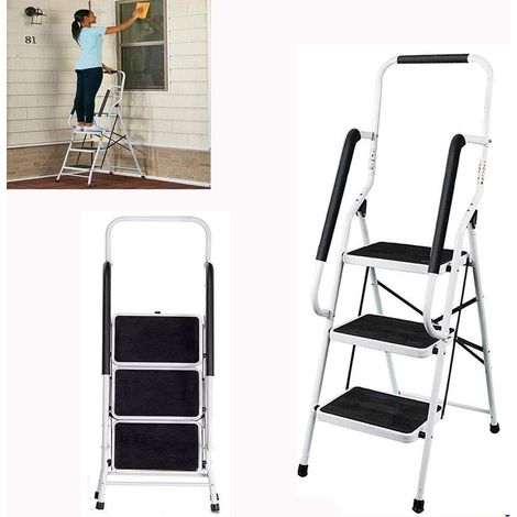 Escabeau portable pliable en acier à 3 marches avec rampe de sécurité, escabeau léger et robuste, capacité de charge de 150 kg pour la maison/cuisine/bureau/bricolage