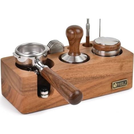 Station de Tamper pour Café 58 mm, Support Porte-Filtre en Bois de Noyer Massif, Rangement 5 Emplacements pour Tamper, Panier et Porte-Filtre, Base Anti-dérapante (1/5)