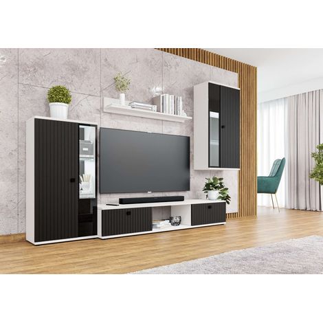 FURNIX Ensemble de Meubles de Salon/Ensemble de Meubles SARAI unité murale 4 parties sans LED 240 x 180 x 40,2 cm blanc noir
