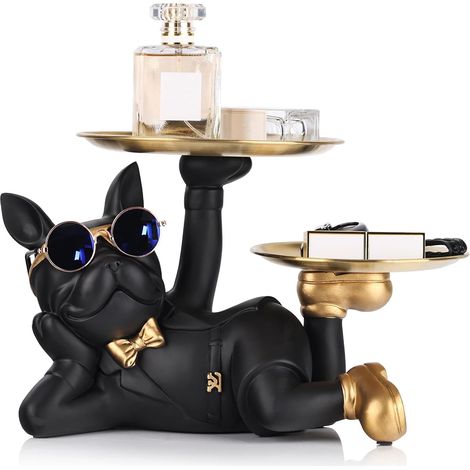 Statue Bouledogue Français Noir avec Plateau, Sculpture Chien Majordome Décoration Intérieure Salon Salle à Manger (1/5)