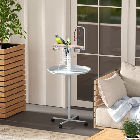 Mangiatoia per uccelli autoportante Ø60x138 cm con 4 ruote, 2 ciotole in acciaio inox e 2 posatoi, bianca