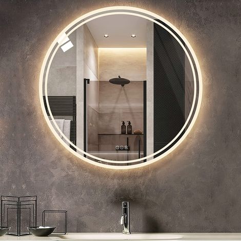Rund Badspiegel mit Beleuchtung - Antibeschlag LED Badezimmerspiegel mit umlaufenden Raumlicht und hinterleuchtet - Dimmbar 3 Lichtfarben Lichtspiegel - 80 x 80 cm