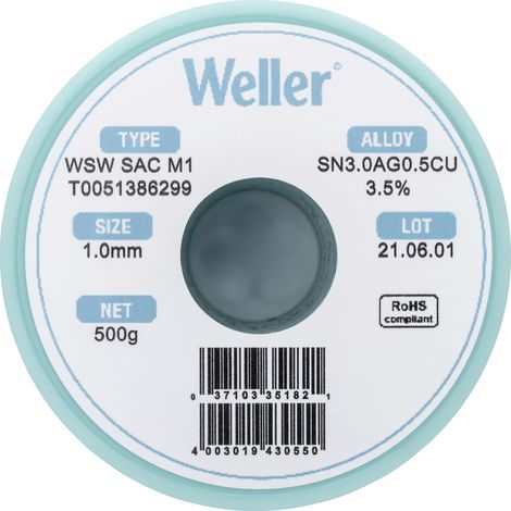 Weller WSW SAC M1 Lötzinn, bleifrei Spule Sn3,0Ag0,5Cu 500 g 1 mm (1/5)