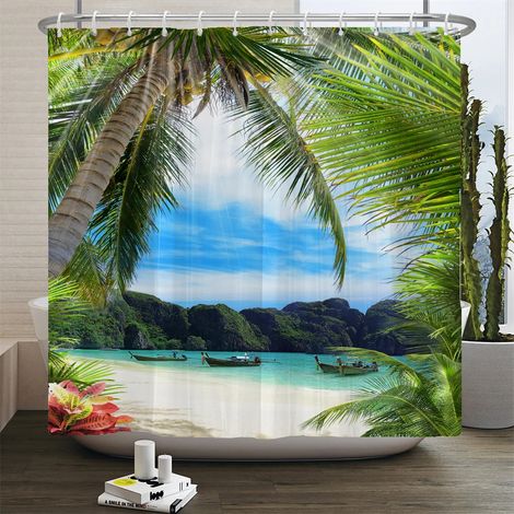 Tenda da doccia con paesaggio marino 3D, tenda da bagno con mare Mediterraneo, tessuto impermeabile decorativo, tenda da bagno, L180xH200cm