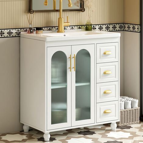 Meuble vasque 80 cm avec armoire, 2 portes, 3 tiroirs et lavabo en porcelaine, MDF blanc (1/5)