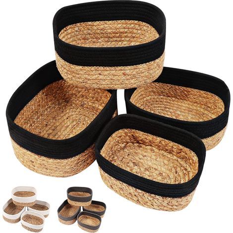 Panier Rangement,Lot de 4 Paniers de Rangement Tressés en Jacinthe d'Eau et en Coton pour Salle de Bain,Cuisine,Organisateur Table a Langer Bebe,Corbeille Rangement pour Bébé,Enfant,Noir (1/5)