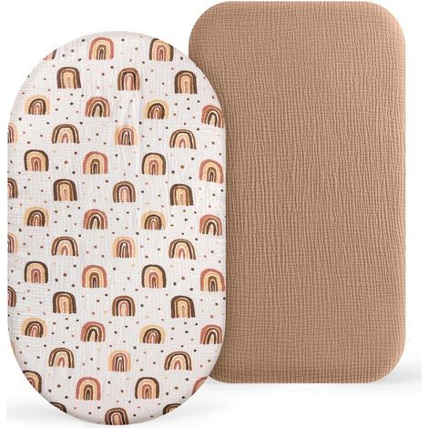 Lot de 2 draps-housses cododo pour lit bébé, 100 % mousseline de coton, pour poussette, lit parapluie et berceau, coloris crème, marron et arc-en-ciel, 82 x 41 cm (1/5)