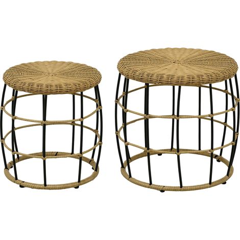 Lot de 2 tables basses gigognes de jardin kaki foncé, tables d’appoint rondes encastrables en résine tressée imitation rotin (1/5)