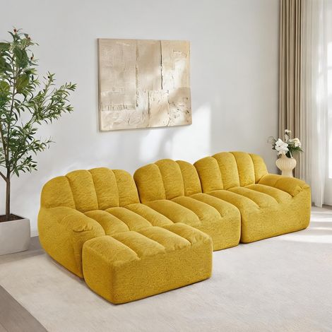 Canapé d'angle modulaire jaune avec pouf en tissu coloris jaune (1/5)