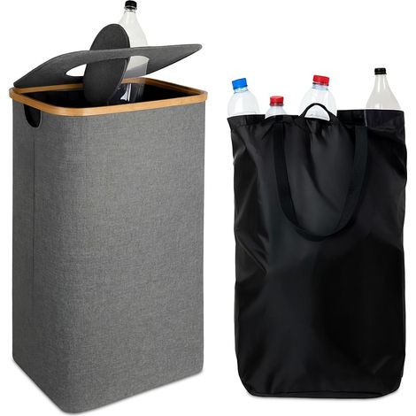 Relaxdays Recycling Bottle Bin 100L, Washable Inner Bag, HWD: 70 x 42 x 34 cm, Bottle Collector with Lid, Felt, Grey (1/5)