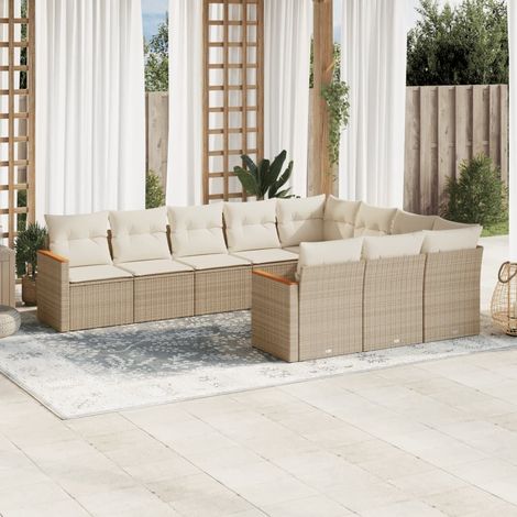 Ensemble Salon Jardin 10 Places Résine Tressée Beige avec Coussins Amovibles - Meuble Extérieur Modulaire (1/4)