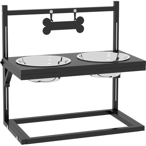 Gamelles surélevées pour chien avec support ajustable de 11 à 33 cm, 2 écuelles inox amovibles, noir. (1/5)