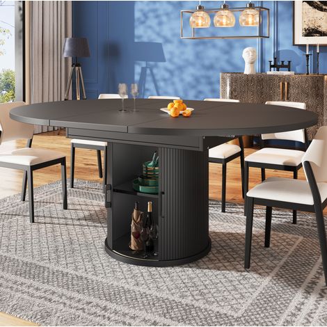 Mesa de comedor extensible redonda 118x118x76.8 cm, con almacenaje, patas regulables, MDF negro (1/5)