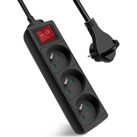 Extrastar Multiprise 3 Prises avec Interrupteur Fiche Plate, Bloc 3 Prises, Rallonge 1.5m 230 V avec sécurité Enfant, Noir
