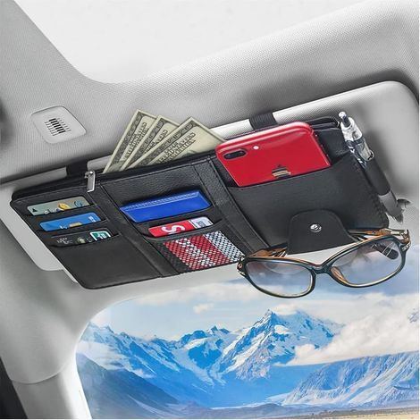 Car Sun Visor Organizer, Leather Storage Pouch with Zipper for Cards, Driver's License, Pens, Glasses, Documents, Car Interior Accessories (Black) (1/4)