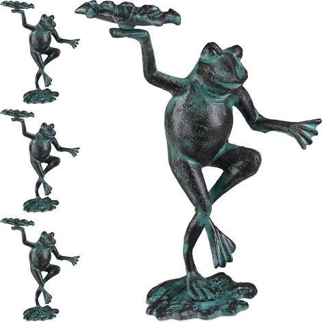 4 x Gartenfigur Frosch, wetterfest, innen & außen, Balkon, Terrasse, am Teich, Dekofigur, Gusseisen, Größe M, grün