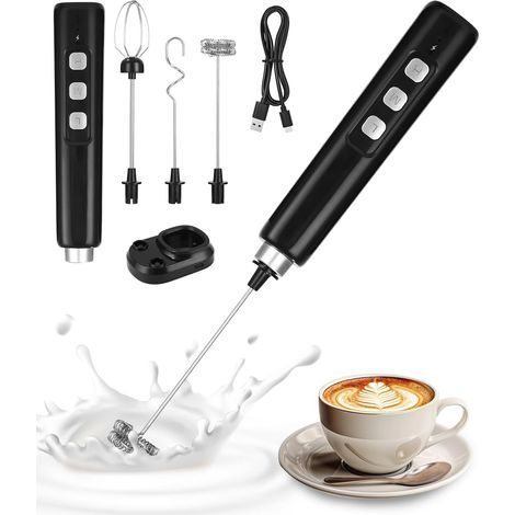 Mousseur à lait électrique, 3 fouets, 3 vitesses réglables, rechargeable par USB, avec base de chargement, pour café, cappuccino et chocolat chaud (1/4)