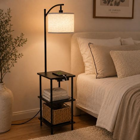Lampadaire avec Étagères et Station de Charge, Vintage Noyer (1/5)