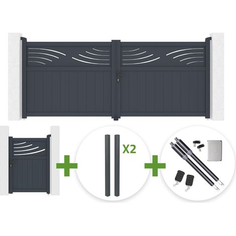 Portail battant HALTI 3.4m H.140cm aluminium gris + 4 poteaux ELDA + Portillon 1m HALTI H.140cm aluminium gris + motorisation Ranger B150 (1/5)