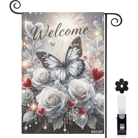 Drapeau de jardin décoratif 30 x 45 cm motif papillon et fleurs style vintage toile double face pour terrasse (1/5)