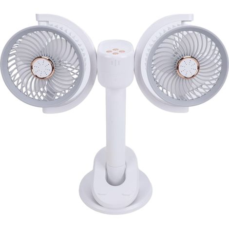 Leiser Clip-On-Doppelkopfventilator, wiederaufladbarer Tischventilator mit 4 Geschwindigkeitsstufen, 360°-Drehung, Nachtlicht, USB-Anschluss, verstellbarer Hals (1/5)